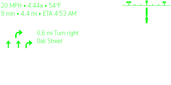 Bike HUD showing speed, weather, ETA, compass mini-map, lane arrows, and turn guidance.