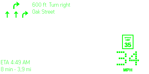 Drive HUD showing lane arrows, turn guidance, ETA, speed limit, and speed.