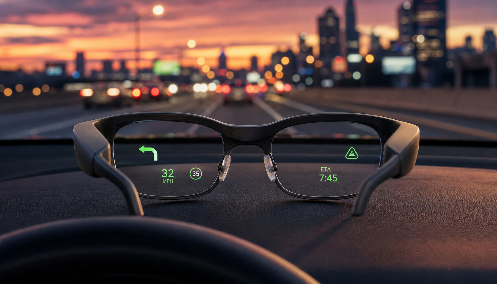 Smart glasses on a dashboard showing a navigation display while driving.