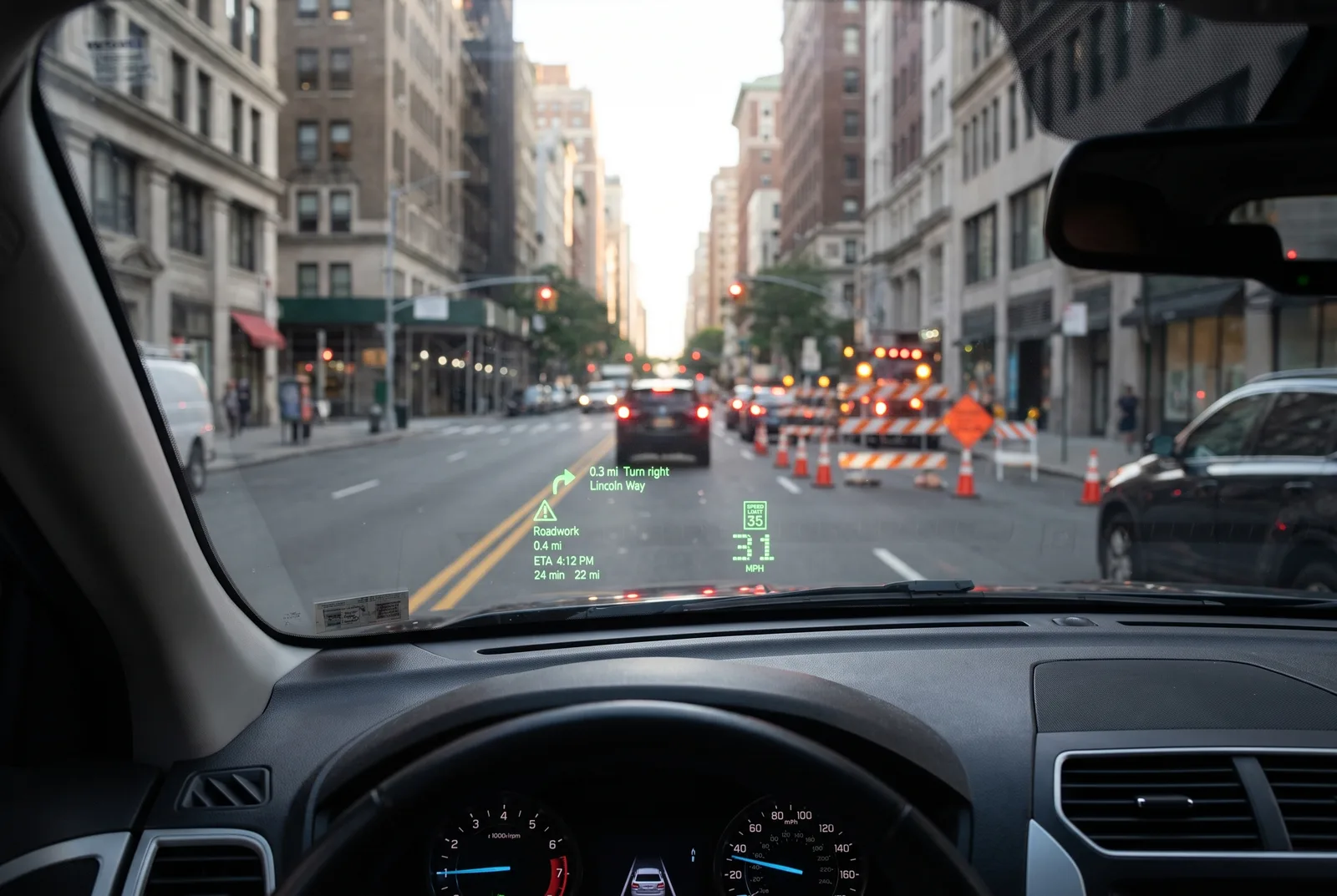 Through the glasses on a city avenue. On the lens: 0.3 mi, turn right, Lincoln Way. Roadwork 0.4 mi. Speed limit 35, your speed 31 mph.