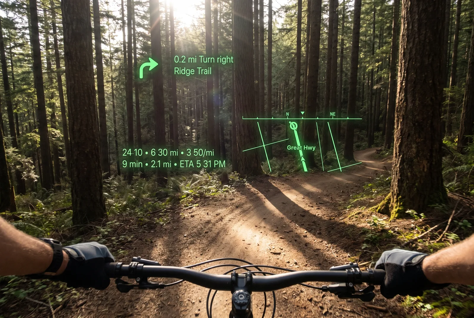 Through the glasses on a forest trail by bike. On the lens: 0.2 mi turn right, Ridge Trail, the ride so far and a mini-map with your heading.