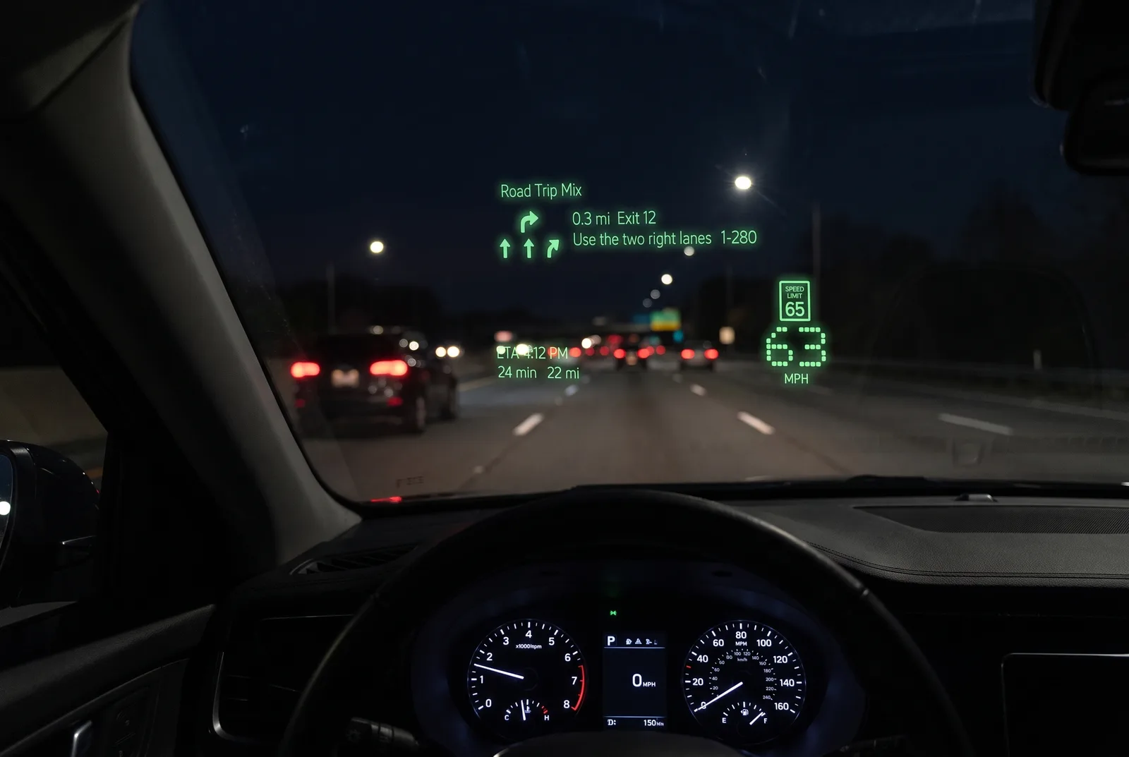 Through the glasses on a night highway. On the lens: 0.3 mi, Exit 12, use the two right lanes, I-280. Speed limit 65, your speed 63 mph. ETA 4:12 PM.