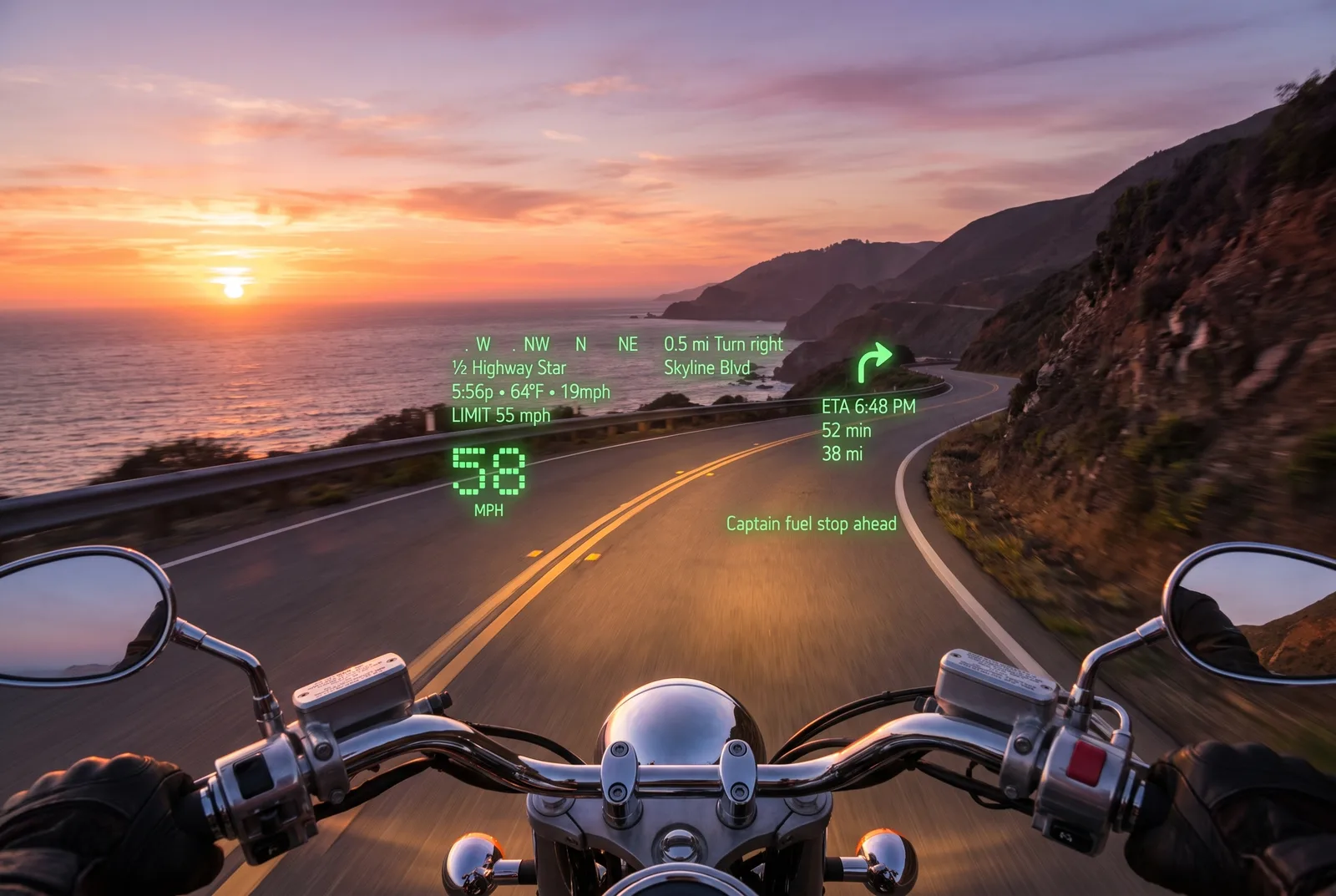 Through the glasses on a motorcycle on a coast road at sunset. On the lens: compass ribbon, 0.5 mi turn right, Skyline Blvd, limit 55, your speed 58 mph, ETA 6:48 PM, and from the group ride: Captain, fuel stop ahead.