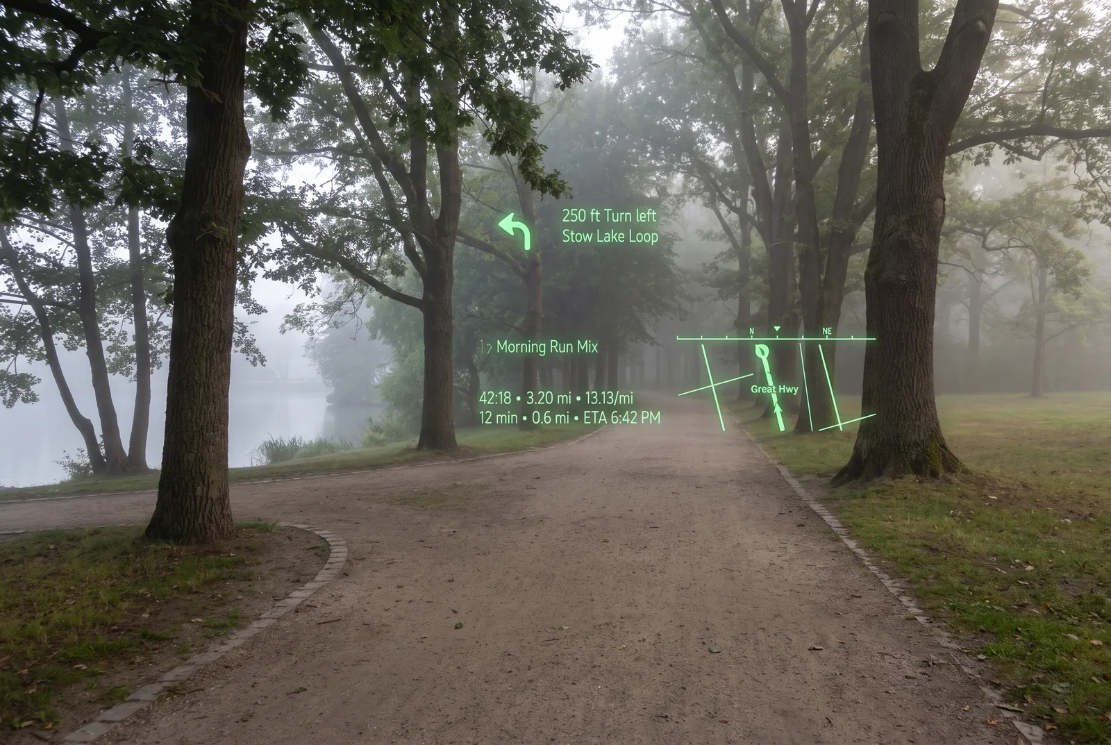 Through the glasses on a foggy park path. On the lens: 250 ft turn left, Stow Lake Loop, the walk so far and a mini-map.